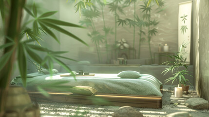 Serene massage setting with candles, stones, and bamboo plants offering a relaxing environment for...
