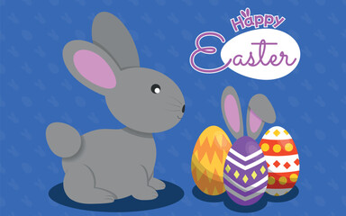 Gray Rabbit Flat Illustration with Easter Eggs and Happy Easter Logo Message