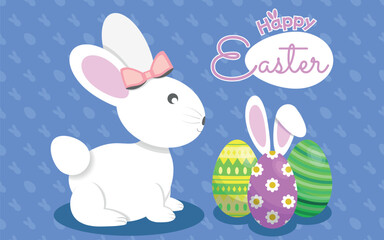 White Female Rabbit Flat Illustration with Easter Eggs and Happy Easter Logo Message