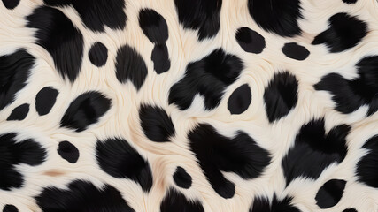 Seamless soft fluffy large mottled cow skin, dalmatian or calico cat spots camouflage pattern. Realistic black and white long pile animal print rug or fur coat fashion background texture - obrazy, fototapety, plakaty