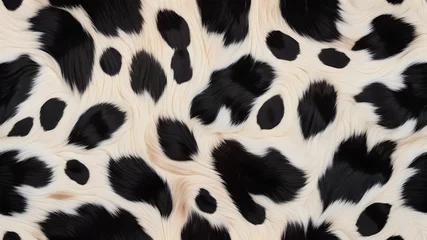 Fotobehang Seamless soft fluffy large mottled cow skin, dalmatian or calico cat spots camouflage pattern. Realistic black and white long pile animal print rug or fur coat fashion background texture © Kovalova Ivanna