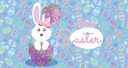 White Female Rabbit Inside an Easter Egg Flat Illustration with Happy Easter Logo Message on the Background Colorful Eggs