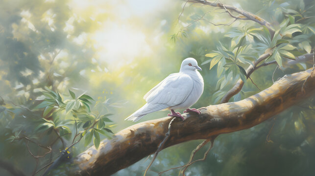 Embodying Tranquillity: Serene Image of a White Dove in a Green Natural Environment