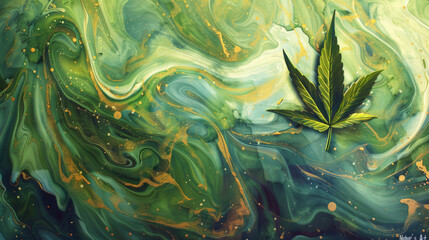 A visually captivating image of swirling green patterns and golden accents with a single cannabis leaf as the focal point - obrazy, fototapety, plakaty