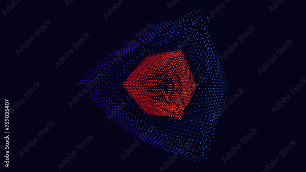 Poster 3D Hi-Tech Cube. Big Data Cube Quantum Computer CPU Core Concept Background. Light Dots with Depth of Field Effect. Data Sorting. Business Server Security Artificial Intelligence HUD Design Element.