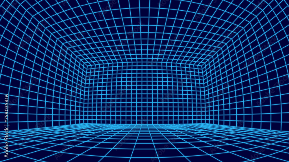 Aufkleber Synthwave Grid VR 3D Room with Fisheye Lens Effect. Grid Frame Retrowave Party Flyer Background. Abstract Digital Background. Vintage Computer Virtual Reality VR Tunnel Technology Vector Illustration.