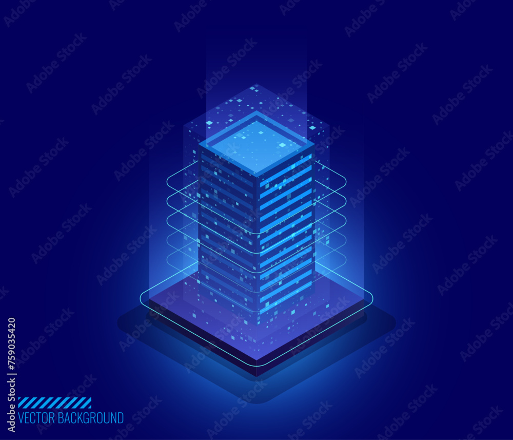 Poster Artificial Intelligence 3D Cube Isometric Icon. Big Data Server Storage. Abstract HiTech Background. Information Processing. Cloud Data Transfer. Vector Illustration.