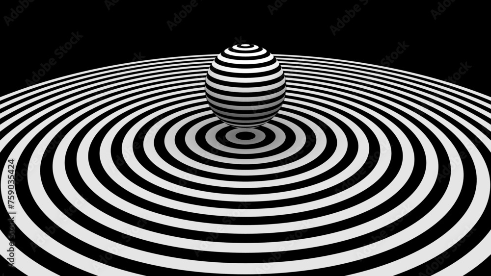 Poster optical illusion 3d sphere on radial target black and white background. sphere of stripes. black and