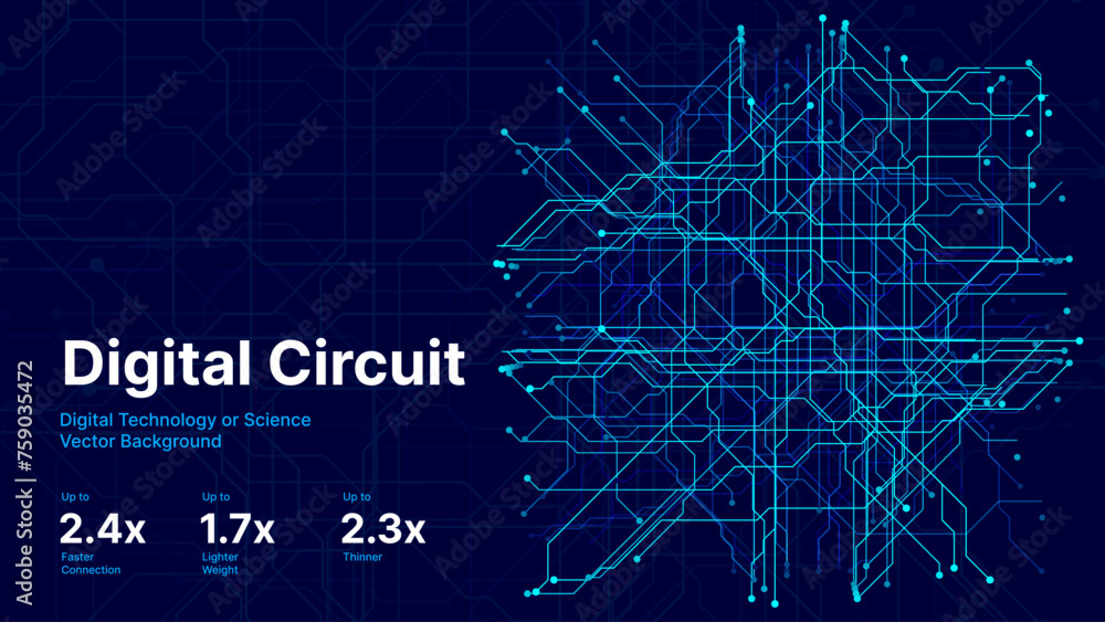 Poster Hi-Tech Digital Circuit Background. CPU Microchip Abstract Blue Electric Board Design. Digital Particles with Trails Forming Tech Pattern. Vector Illustration.
