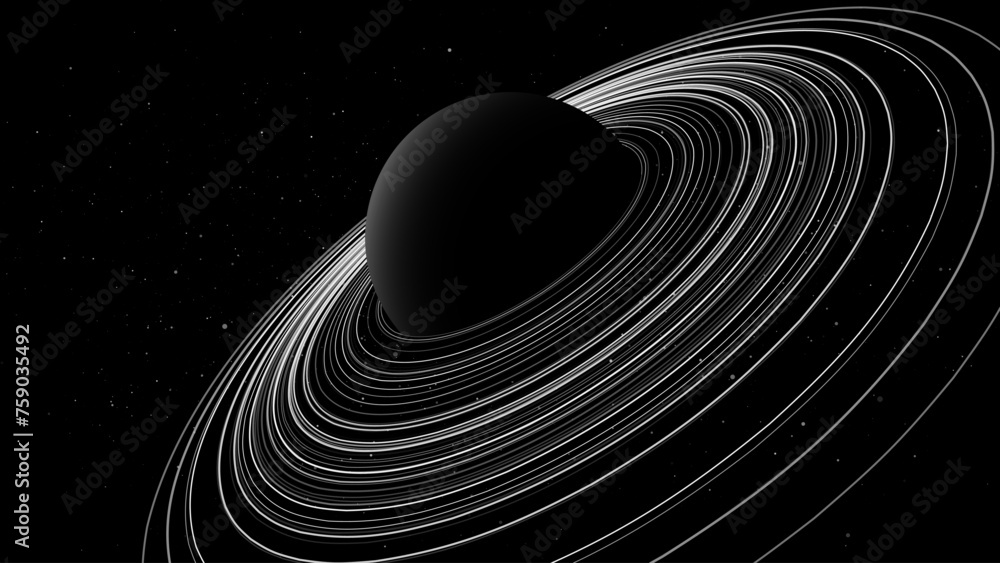 Poster black stylized saturn planet with rings. black hole background. universe and starry concept. gravity