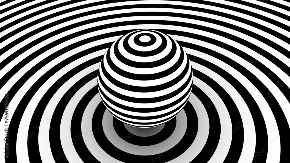 Poster optical illusion 3d sphere on radial target black and white background. sphere of stripes. black and