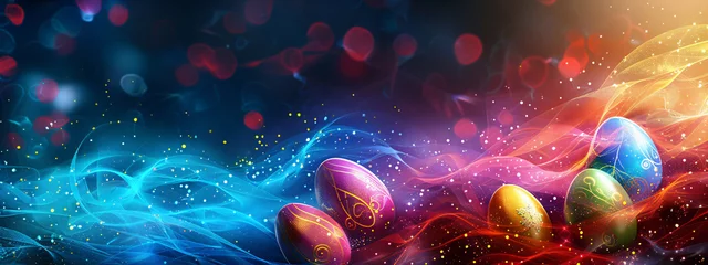 Poster Colorful decorated Easter eggs on dark background with glowing lines, waves and lights. Futuristic technology concept. Creative holiday design for card, banner, poster with copy space © ratatosk
