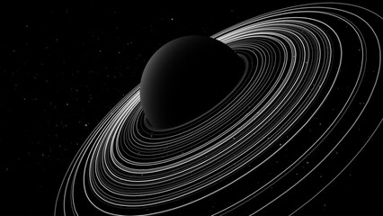 Black Stylized Saturn Planet with Rings. Black Hole Background. Universe and Starry Concept. Gravity Circles. Minimal Art Style Vector Space Illustration. © ec0de