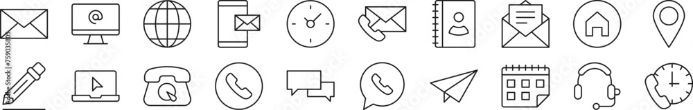 Poster collection of thin line icons of contact us. editable stroke. simple linear illustration for web sit
