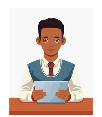 Young guy, student, African-American, sitting at a desk holding a tablet computer. Concept of acquiring a profession, study, work, skills. Vector.