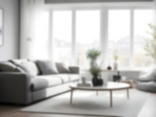 Fototapeta premium Blurred Elegance. Gray Sofas and Coffee Table in a Bright Living Room