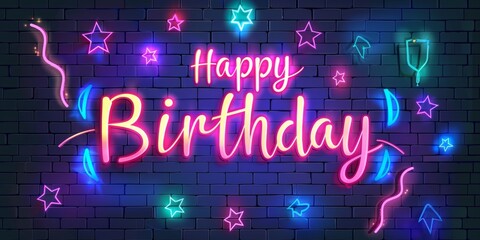 Neon sign with text "Happy Birthday" and party elements on dark brick wall background greeting card, banner or poster design Generative AI