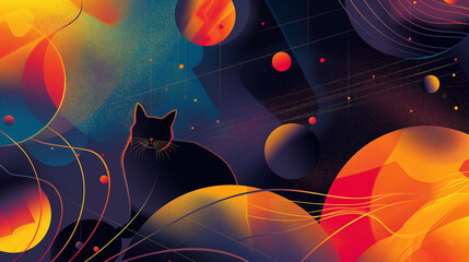A captivating abstract illustration featuring the silhouette of a cat against a cosmic backdrop with vibrant planetary orbs and celestial patterns. - obrazy, fototapety, plakaty