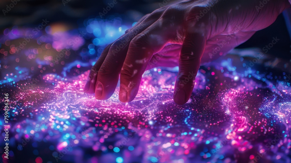 Poster a human hand interacts with a mesmerizing array of digital lights, symbolizing connectivity and tech