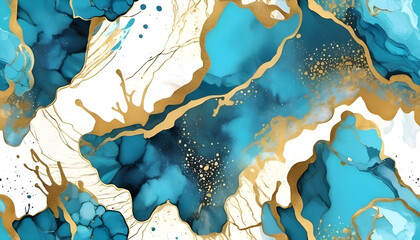 Abstract blue and gold paint splash background with golden stains. Cyan marble alcohol ink drawing effect. Turquoise geode with kintsugi. illustration design template for wedding,festive - obrazy, fototapety, plakaty