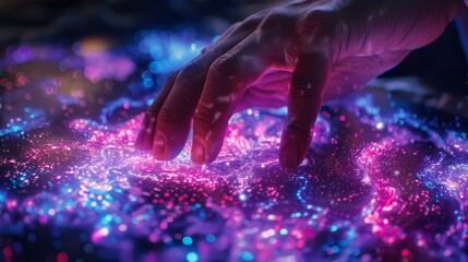 A human hand interacts with a mesmerizing array of digital lights, symbolizing connectivity and technology.
