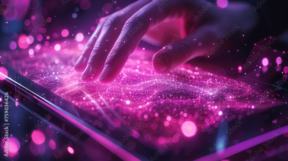 Poster a hand interacts with a radiant digital interface that simulates the intricate connections of a dyna