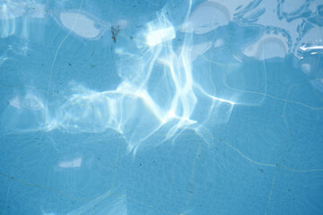 Abstract blue color water wave, swirl pattern texture. Leaves in dirty water, opened swimming pool outside. Background, backdrop with copy space.