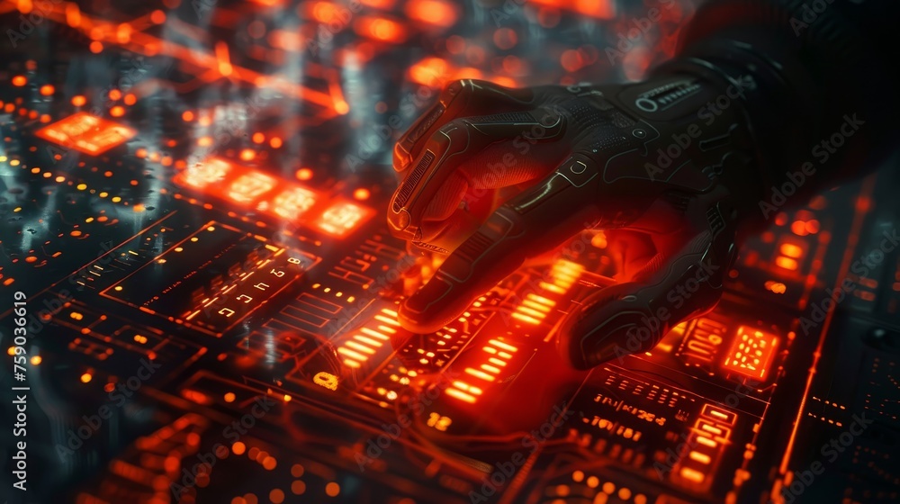 Poster a cybernetic hand is shown typing on a keyboard that glows with an intense red backlight, suggesting