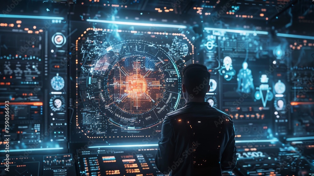 Poster a person interacts with a futuristic holographic interface filled with data analytics in a high-tech