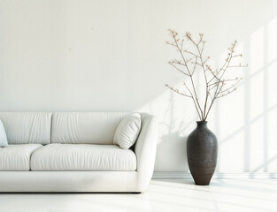 Minimalist cozy white home interior design of a modern living room with white sofa and a vase with branches - 759036662