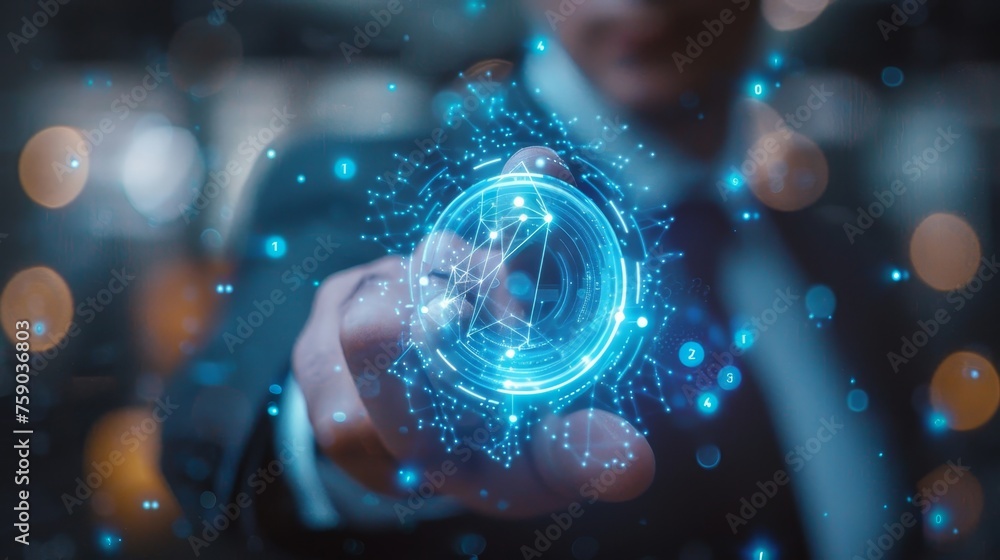 Poster a person's hand manipulates a three-dimensional holographic globe with intricate connections and dig