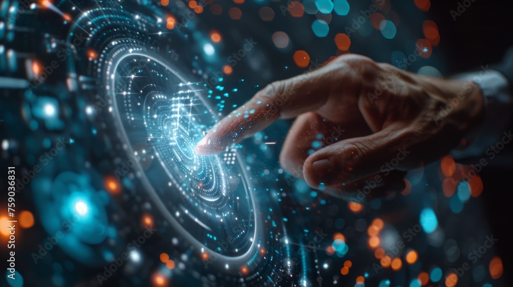 Aufkleber a hand engaging with a complex holographic interface, where a finger sets off a ripple of luminous d