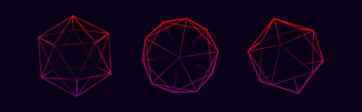 Collection of Lowpoly 3D Shapes. Futuristic Hologram HUD 3D Polygonal Spheres. Vector Illustration. Graphic Shapes for Retrowave Vaporwave Synthwave Style Graphic Design.