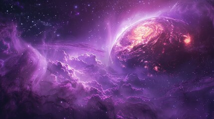 Naklejka na ściany i meble The stunning scene of a luminous purple planet shrouded by a cosmic veil of swirling nebulae and star dust in a vast universe.