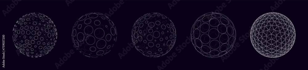 Fototapete Circle Lines on 3D Spheres. Global Digital Connections. 3D Wireframe Sphere Symbols Illustration. Abstract 3D Design. Technology Science Style Vector Background.