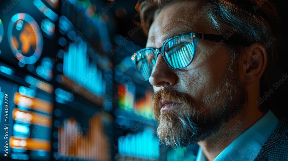 Poster close-up of a data scientist with glasses, deeply focused on analyzing statistical data displayed on