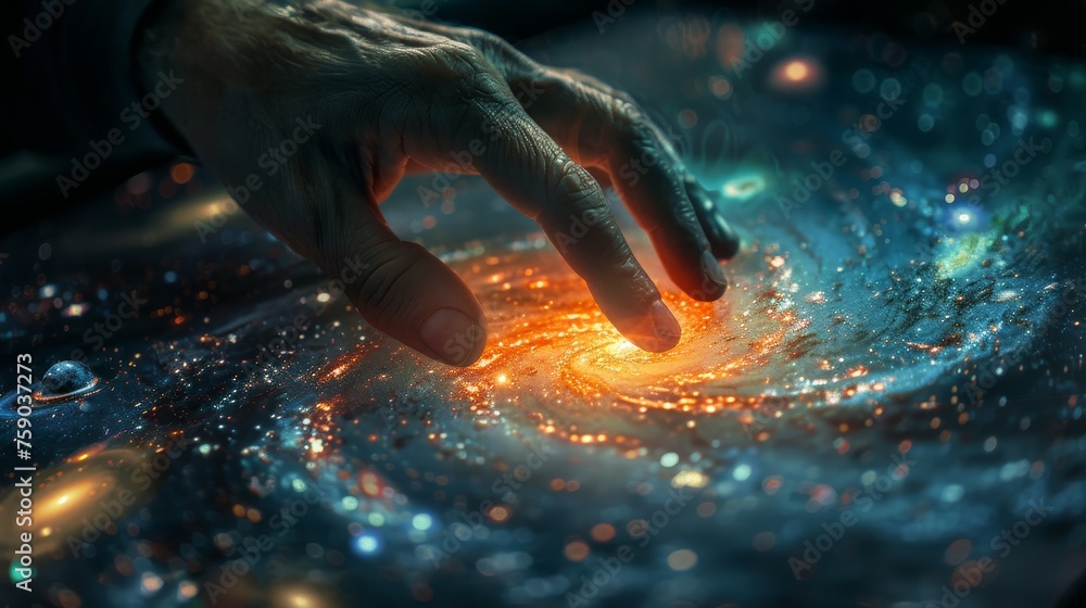 Poster A person interacts with a captivating cosmic simulation on a futuristic touchscreen display, exploring space and astronomy.