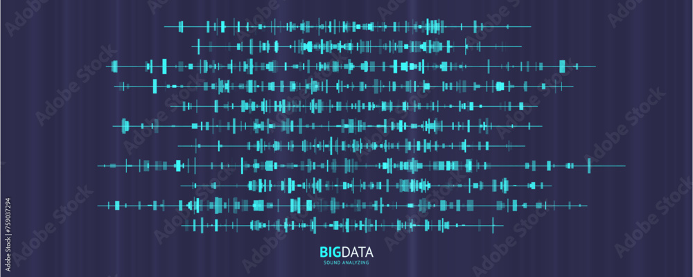 Poster Big Data Audio Recognition Concept Background. Voice Recognition. Sound Waves Machine Learning Algorithm Visualization. Vector Illustration.