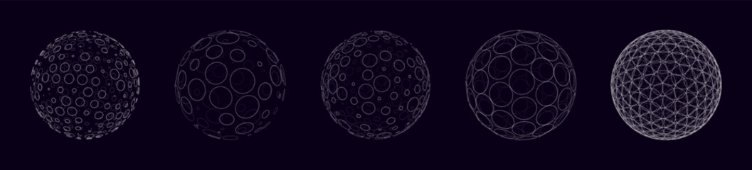 Circle Lines on 3D Spheres. Global Digital Connections. 3D Wireframe Sphere Symbols Illustration. Abstract 3D Design. Technology Science Style Vector Background.