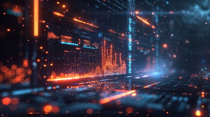 Abstract visualization of data streaming and processing in a dynamic server room environment with glowing lights and graphs.