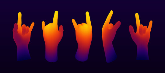 Set of Colorful 3D Hands. Rock Hand Sign Gesture. Gradient Vector Illustration.