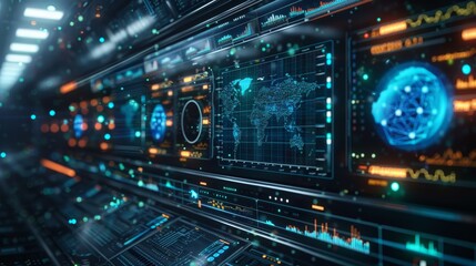 A sophisticated digital interface showcasing global network data, graphs, and advanced analytics in a high-tech environment.