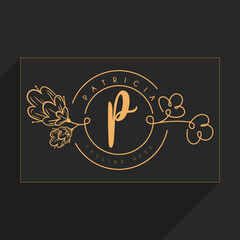 Initial P monogram in simple line flower frame