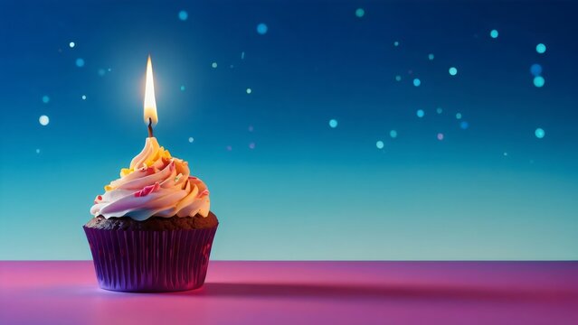 Happy birthday cup cake, candle,neon background behind 