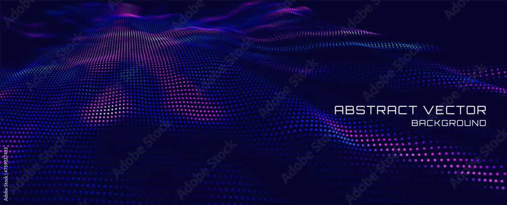 Aufkleber Abstract Sound Wave Background. Glowing Particles Musical Wave. Digital Network Cyber Big Data Flow. 3D Surface Vector Fields. Vector Illustration. Virtual Reality Cyber Space Metaverse Backdrop.