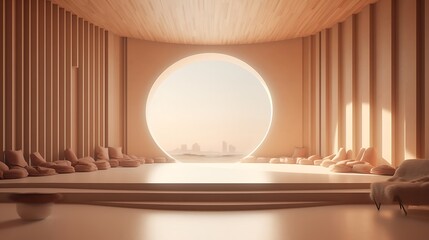 a serene AI-rendered image of a contemplative space featuring timber 