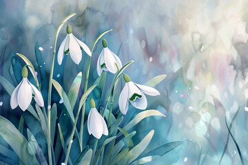 Watercolor snowdrop flower on blue background with copy space. Spring flower. Botanical illustration for design greeting card, invitation, banner for wedding, Mothers and Women's day, Easter