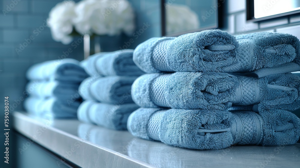 Poster a stack of blue towels sitting on top of a counter in front of a mirror next to a bunch of white flo