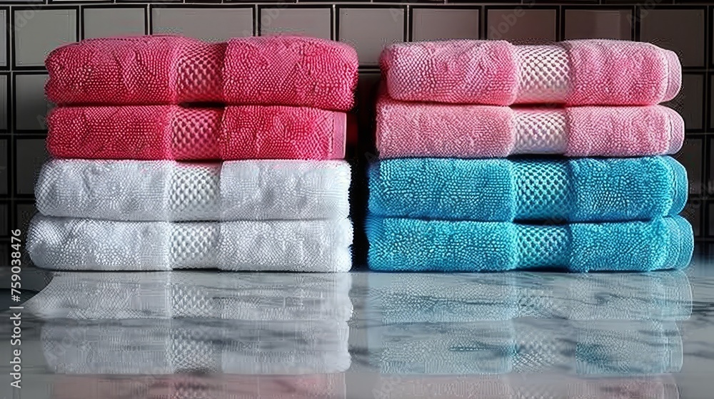 Poster a stack of towels sitting on top of a counter next to a towel dispenser on top of a counter.