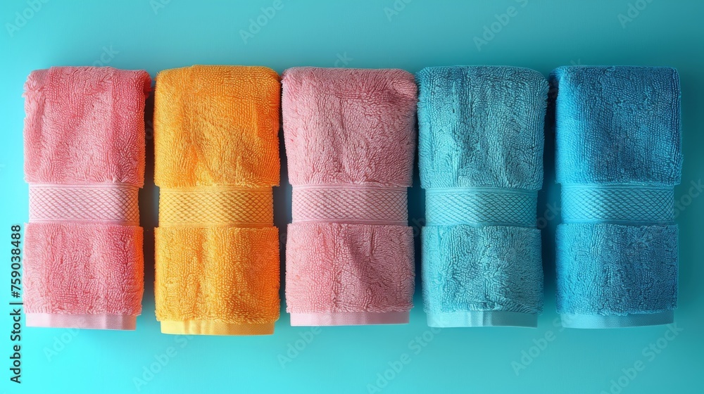Poster a row of colorful towels lined up against a blue and pink wall with one folded in a row and the othe